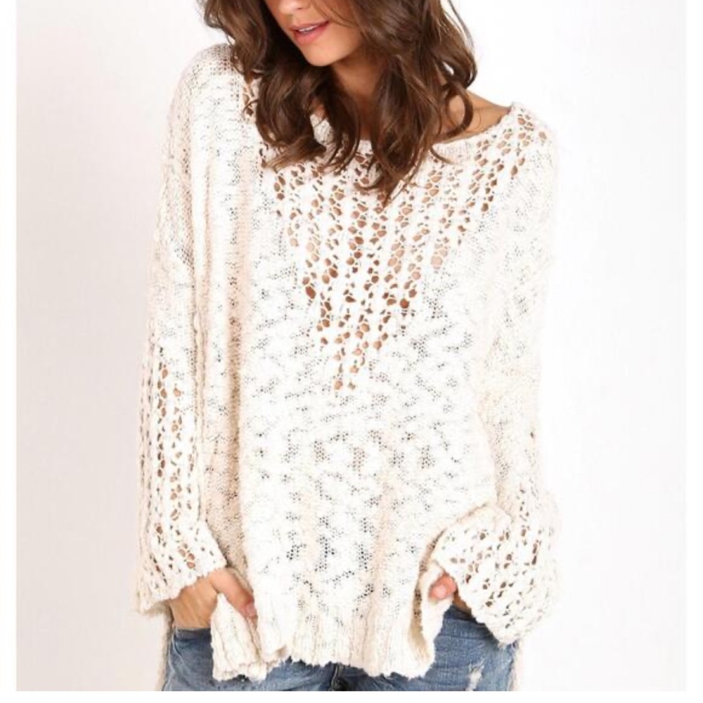 Free People oversized Cream Knit Pretty Pointelle Veeโ Sweater S